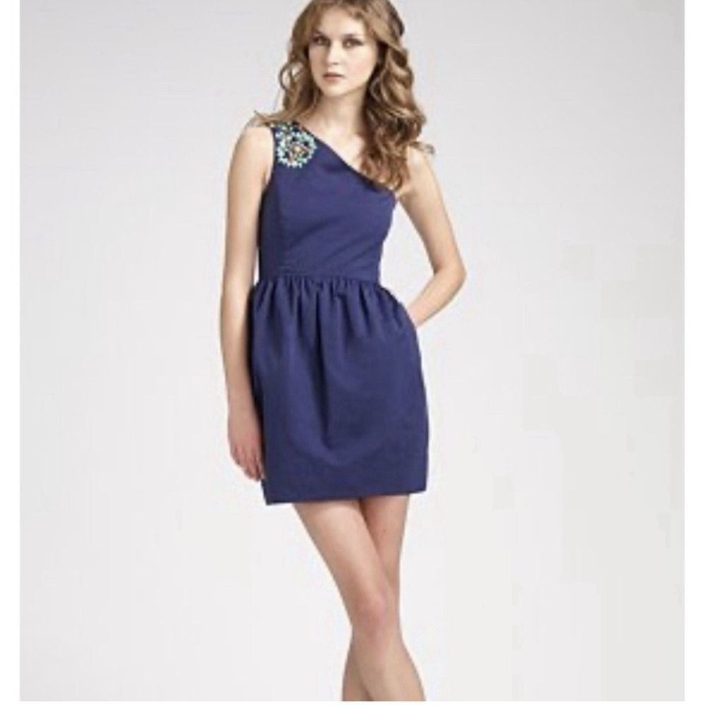 Shoshanna Gia Navy One-Shoulder Beaded Dress. Zipper. Sz 10. MSRP $395